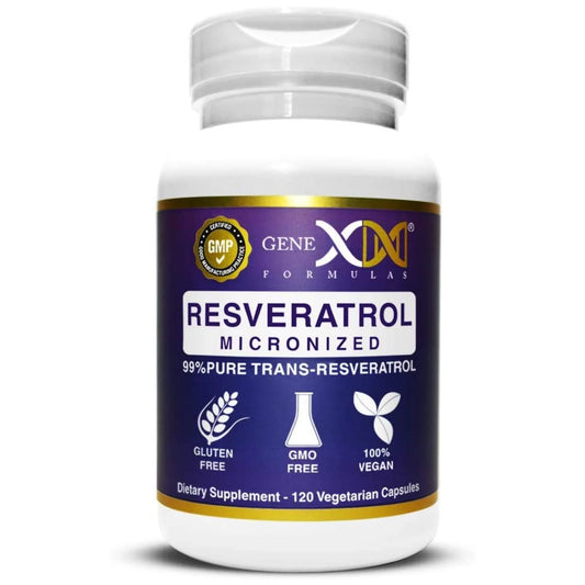 Genex formulas Resveratrol micronized 99% pure trans-resveratrol. Gluten free, GMO free, 100% vegan. 120 vegetarian capsules in a shelf stable bottle. 