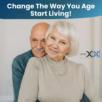 A photo showing an older woman with a grey bob haircut being hugged by an older man with a white moustache while both smile at the camera. The title reads "Change the way you age, start living!" 