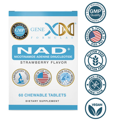 A picture of the NAD+ Strawberry flavored chewables box. Bottled and Tested in the USA. Gluten Free. Non GMO. Vegan. Made in a GMP Certified Facility. 