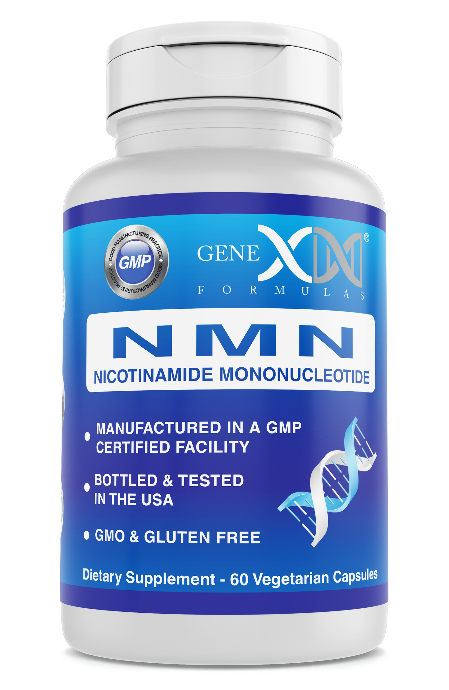 Bottle of Genex NMN 250mg supplement. Manufactured in a GMP Certified facility. Bottled and tested in the USA. GMO and gluten free. 60 capsules per bottle.