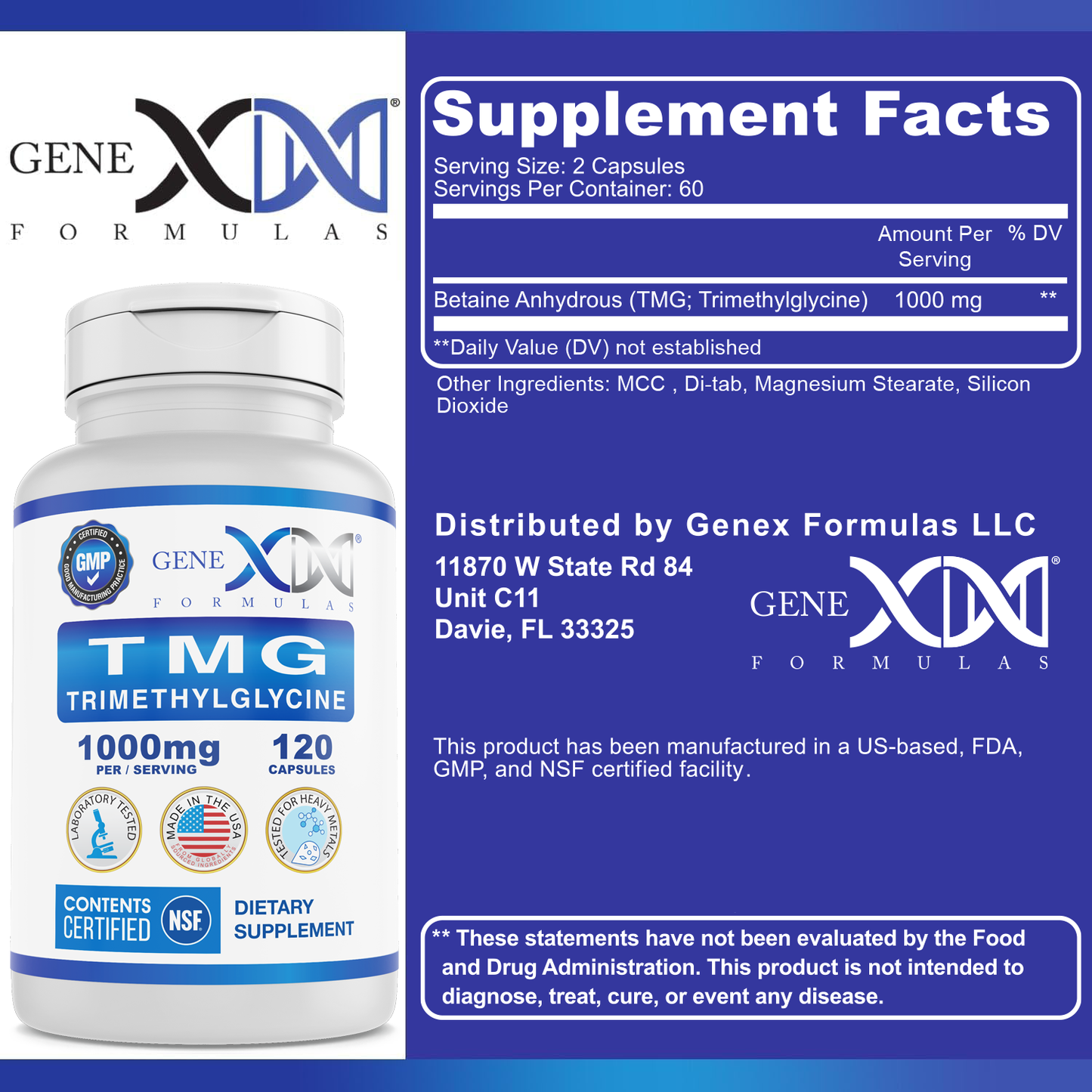 Genex TMG Trimethylglycine 1000mg (30-Day Supply)