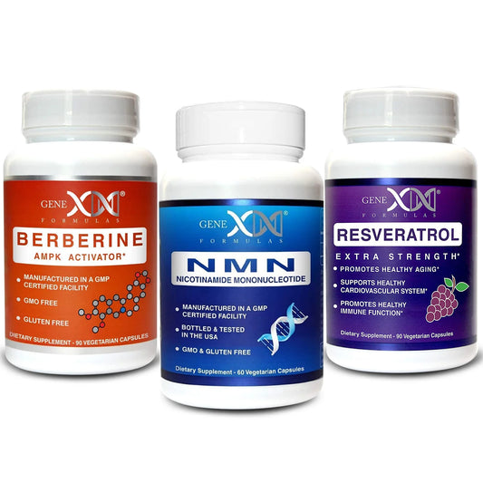 Genex powerpack bundle photo showing a nottle o Berberine AMPK activator, Resveratrol extra strength, and NMN Nicotinamide Mononucleotide 250mg