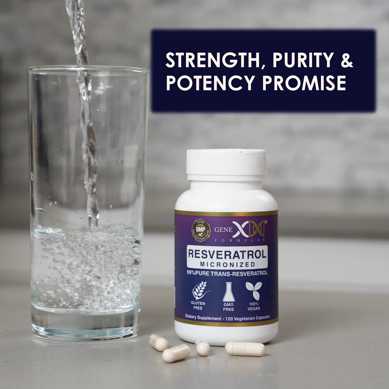 Genex resveratrol supplement bottle next to a clear glass with water being poured into it. Text on the image reads "Strength, Purity & Potency promise"