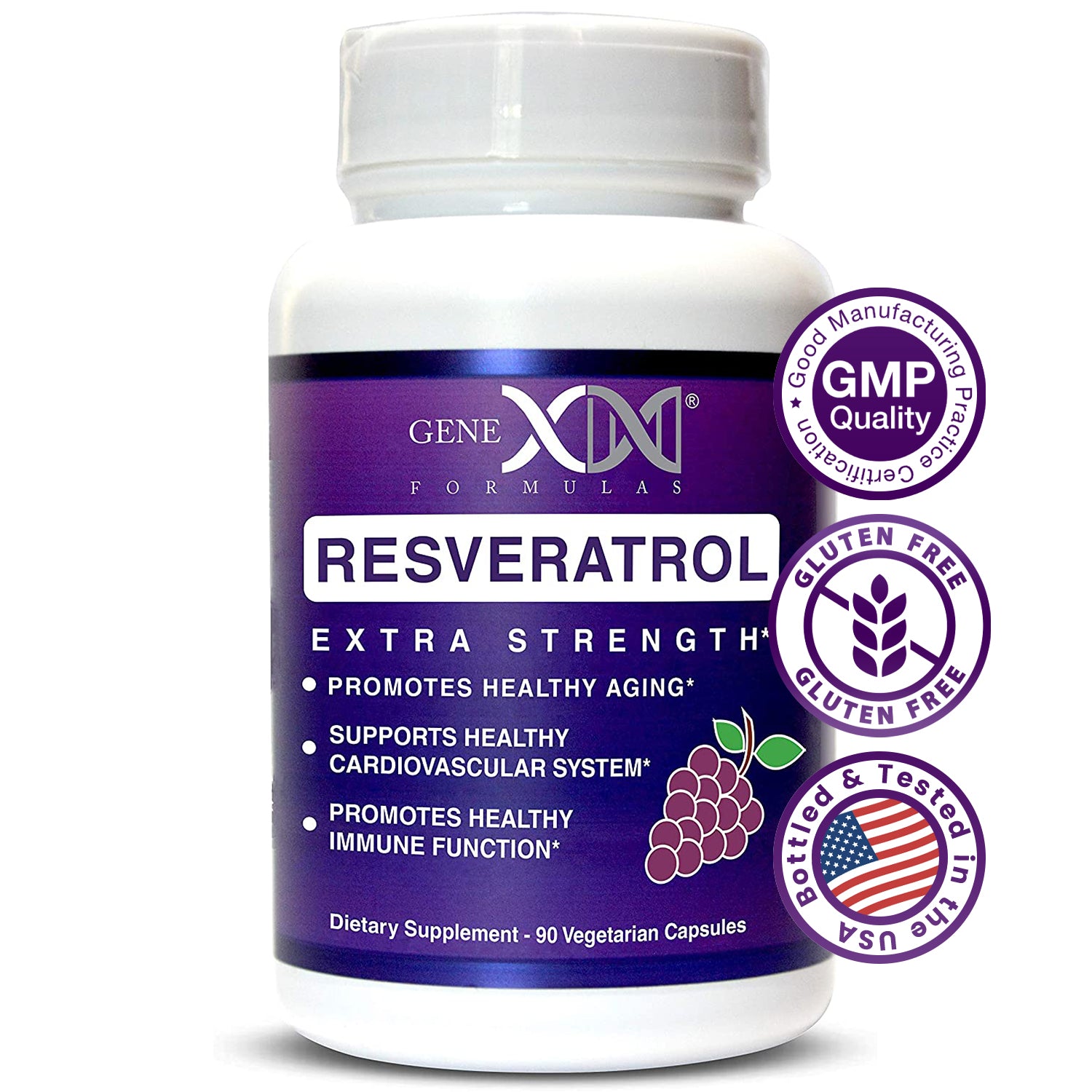 Genex resveratrol extra strength supplement bottle with icons that state "GMP certified facility, gluten free, and bottled and tested in the USA" 
