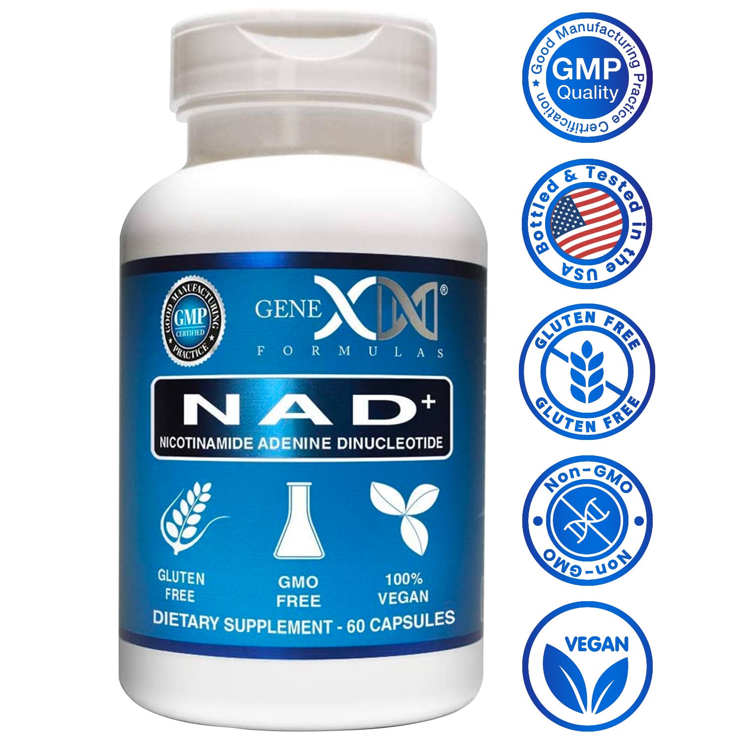 Bottle of Genex Nicotinamide Adenine Dinucleotide with icons that state "GMP certified facility, Bottled & tested in the USA, gluten free, Non-GMO, Vegan" 