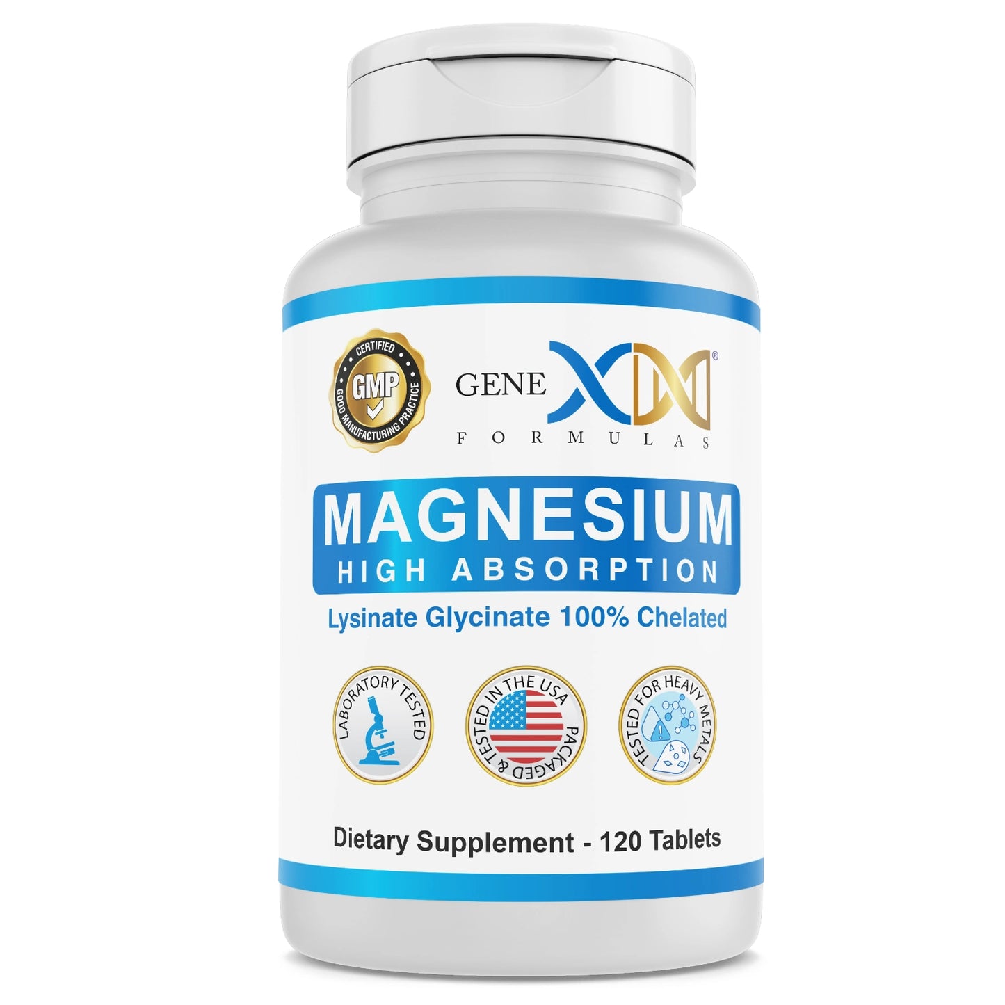 Photo of the bottle of Genex Magnesium supplement, high absorption magnesium. Laboratory tested, packaged and tested in the USA. 120 tablets. 