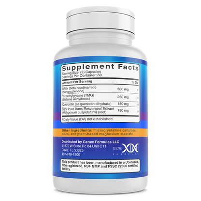 Genex Formulas 4-in-1 NMN 500mg, TMG 250mg, Quercetin 150mg, Resveratrol 150mg Serving