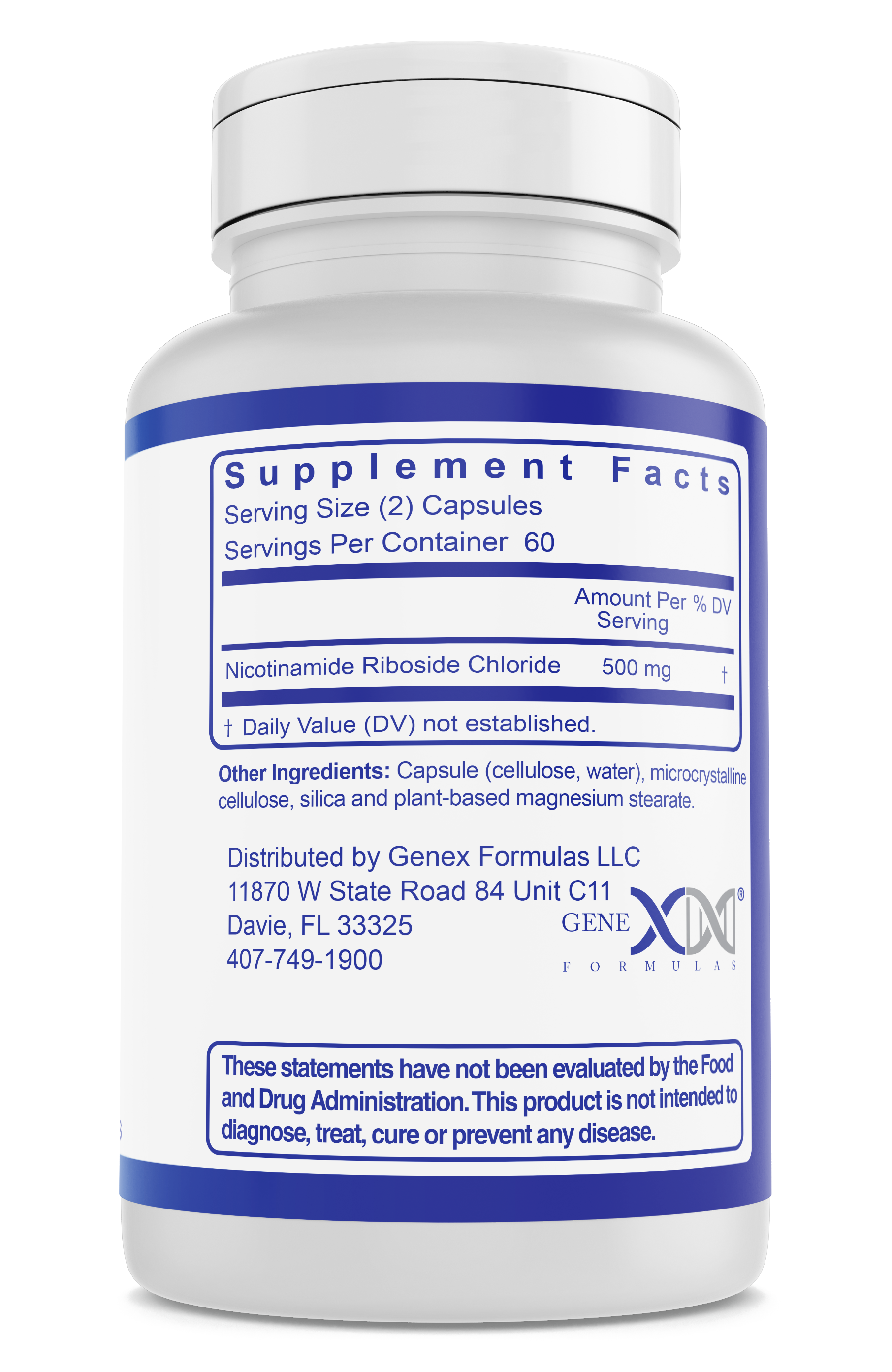 Nicotinamide Riboside supplement facts label. Serving size: 2 capsules. Servings per container: 60. Amount per serving (Nicotinamide Riboside Chloride) 500mg. Percent daily value not established. 