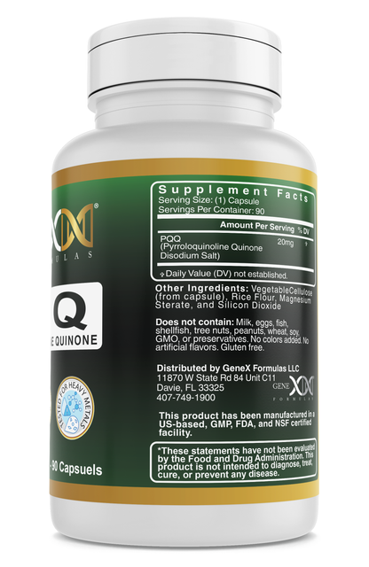 PQQ serving size, 1 capsule. Amount per serving 20mg, does not contain milk, eggs, fish, shellfish, wheat, soy, GMO, preservatives, or artificial flavors. Distributed by Genex Formulas LLC
