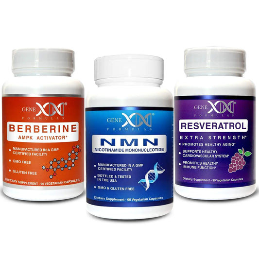 Genex powerpack bundle photo showing a nottle o Berberine AMPK activator, Resveratrol extra strength, and NMN Nicotinamide Mononucleotide 250mg 