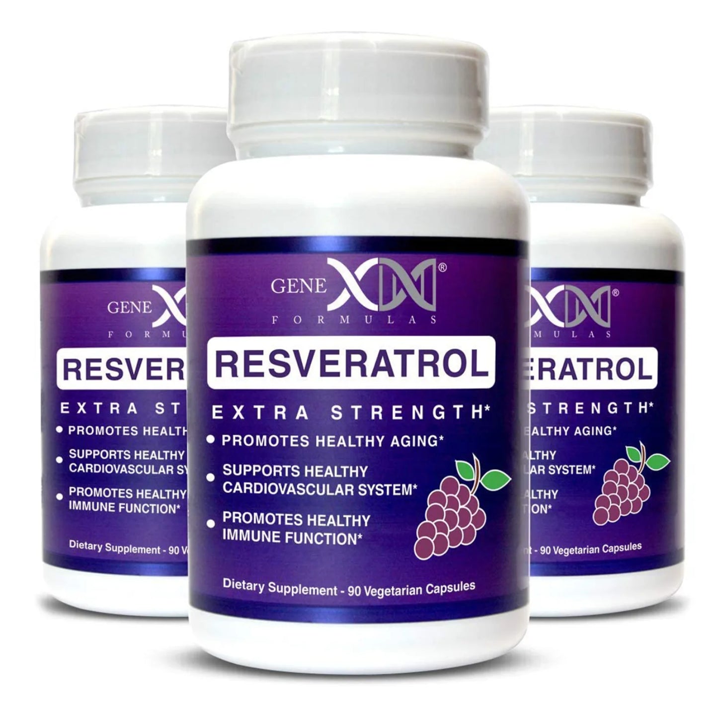 Genex Resveratrol extra strength capsules in a 3 pack (three bottles). Each bottle contains 90 vegetarian capsules. 