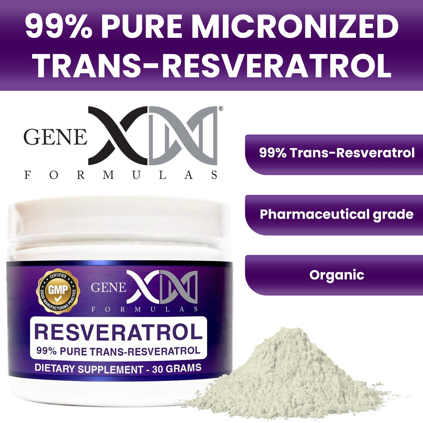 Genex 99% Pure Micronized Trans-Resveratrol Powder 1000mg (30 Gram Tub)