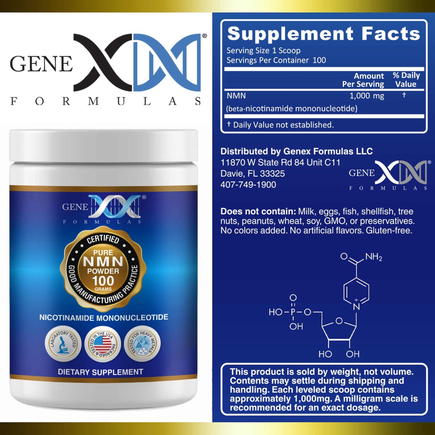 Genex Formulas NMN Pure 100 grams Powder Nicotinamide Mononucleotide