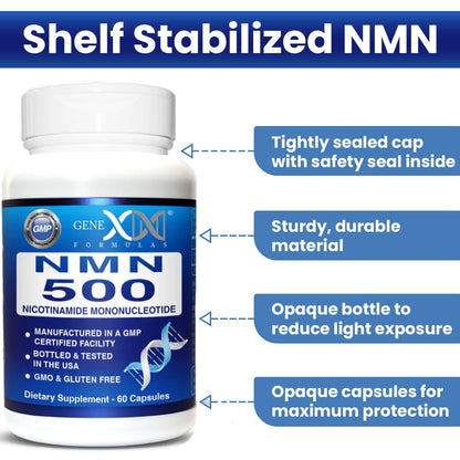 Shelf stabilized NMN supplement for adults, bottled in a opaque bottle to reduce light exposure, tightly sealed cap with a safety seal inside, NMN 500mg manufactured in a GMP certified facility and bottled and tested in the USA 